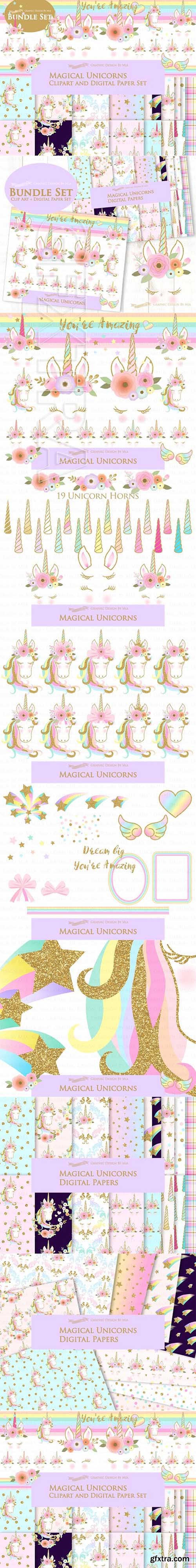 CreativeMarket - Unicorn Faces Gold Clipart, Pattern 1799573