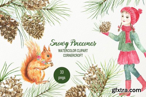 CreativeMarket Snowy Pine Cones Watercolor Clipart 2028885