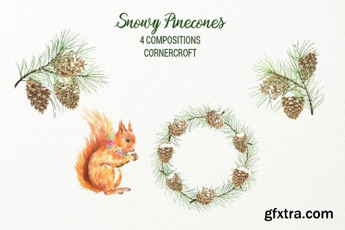 CreativeMarket Snowy Pine Cones Watercolor Clipart 2028885