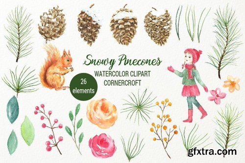 CreativeMarket Snowy Pine Cones Watercolor Clipart 2028885