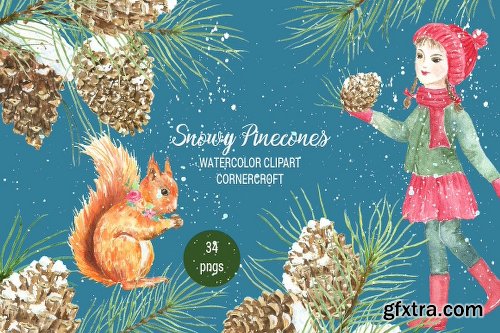 CreativeMarket Snowy Pine Cones Watercolor Clipart 2028885