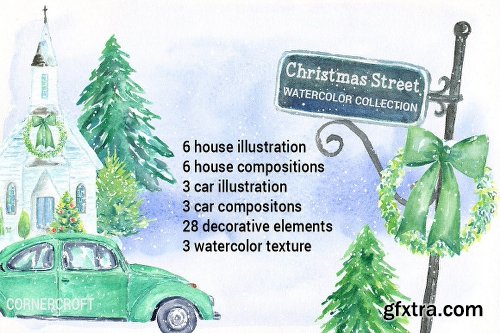 CreativeMarket Watercolor Christmas Street 2061412