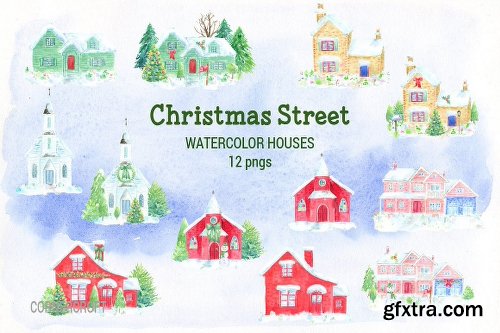 CreativeMarket Watercolor Christmas Street 2061412