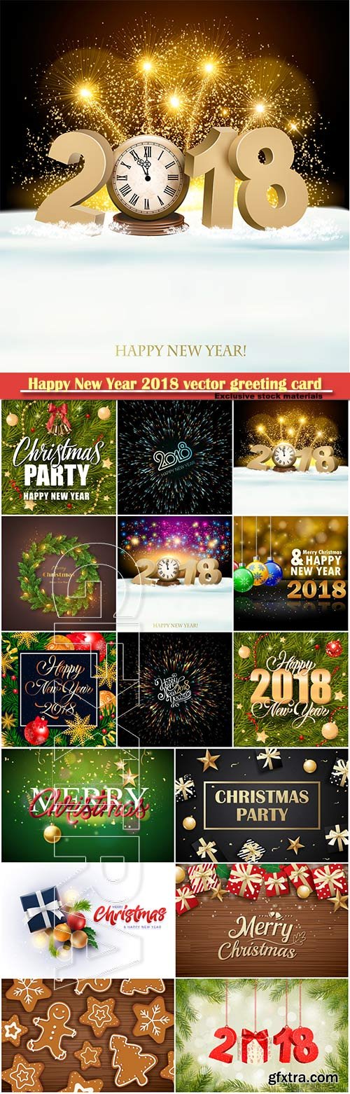 Happy New Year 2018 vector greeting card, golden snowflakes and colorful balls