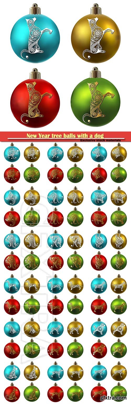 New Year tree balls with a dog symbol of 2018