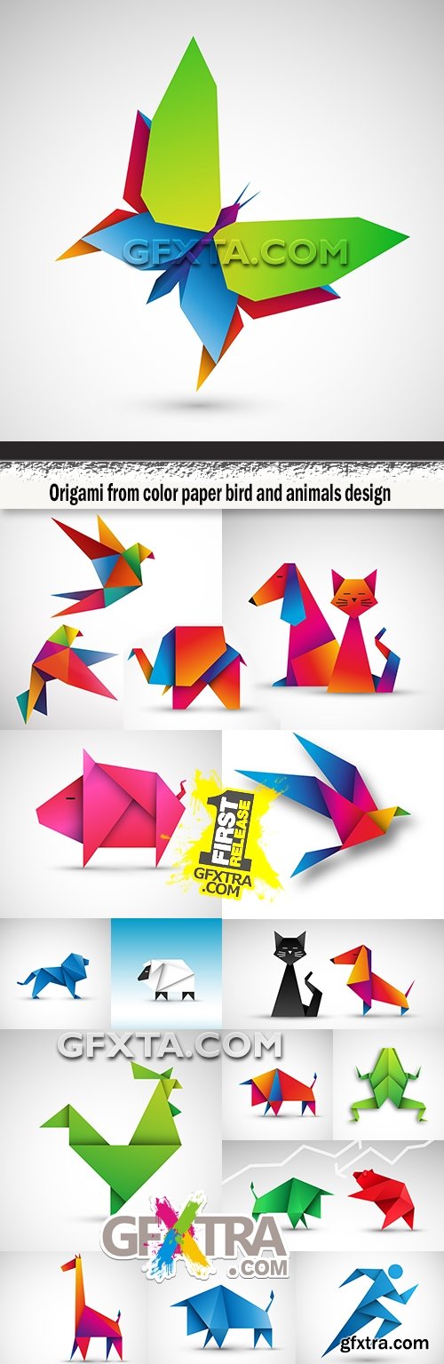 Origami from color paper bird and animals design
