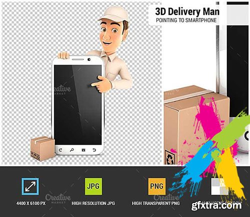 CreativeMarket - 3D Delivery Man Pointing to Blank Sm 2050242