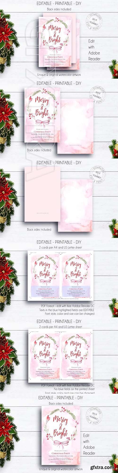 CreativeMarket - Floral Wreath Christmas Invitation 2065607