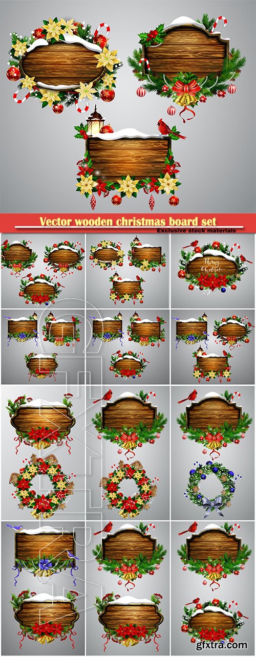 Vector wooden christmas board set with christmas tree Cardinal bird and decorations