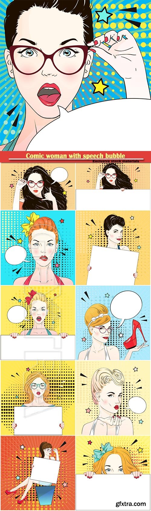 Comic woman with speech bubble on a vector background