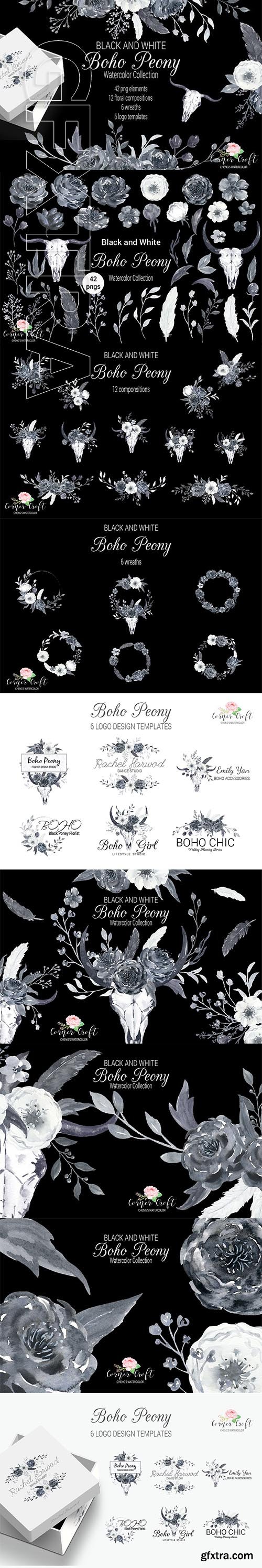 CreativeMarket - Watercolor Boho Peony Black & White 2083989