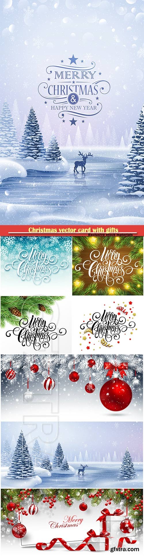 Christmas vector card with gifts and fir branches on sparkling background