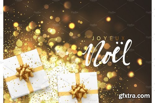 CM - French Joyeux Noel. Christmas background with gift box and golden lights bokeh. Xmas greeting card. 2025022