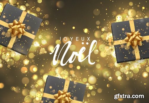 CM - French Joyeux Noel. Christmas background with gift box and golden lights bokeh. Xmas greeting card. 2025030