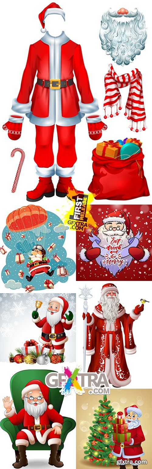Christmas cheerful Santa in a red suit with gifts