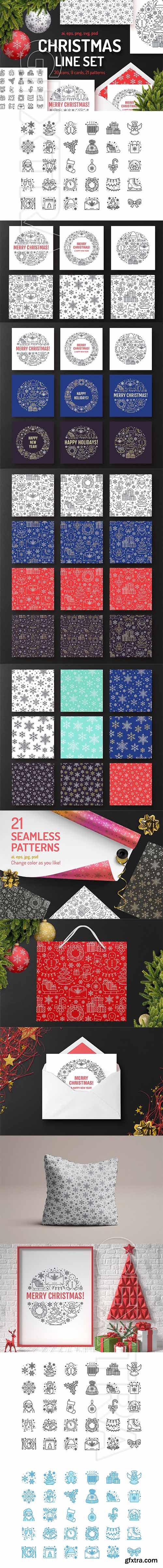 CreativeMarket - Christmas Line Set Icons, Patterns 2097084