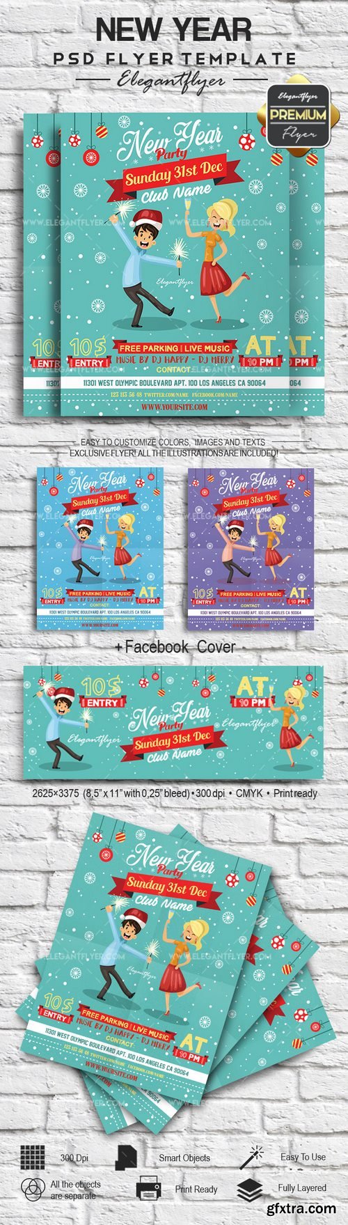 New Year – Flyer PSD Template + Facebook Cover