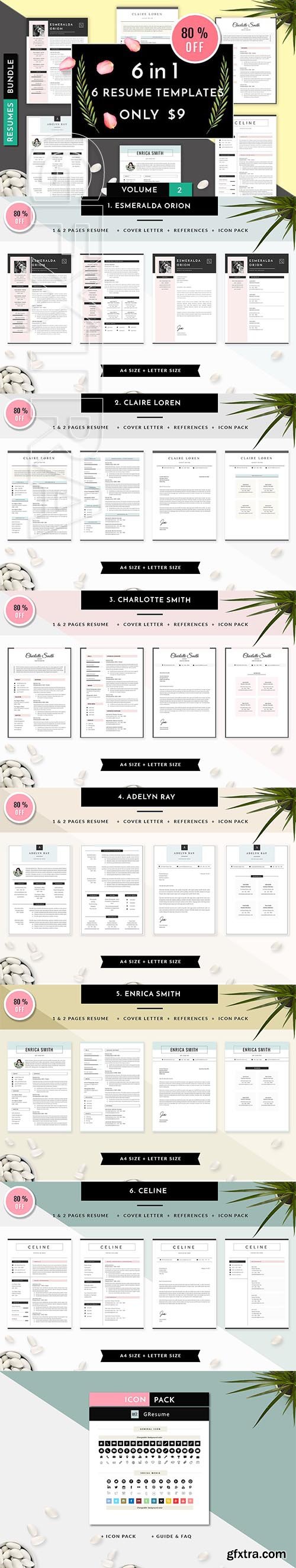 CreativeMarket - 6 in 1 Resume Templates Bundle Vol 2 2107384