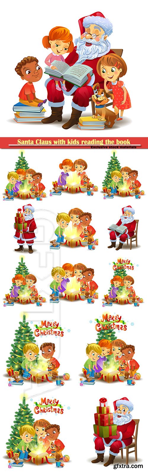 Santa Claus with kids reading the book vector illustration