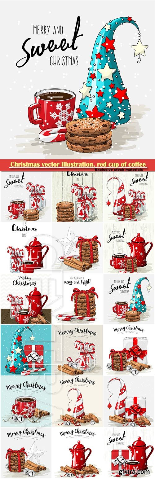 Christmas vector illustration, red cup of coffee with red ribbon, stack of cookies and candy canes in glass jar