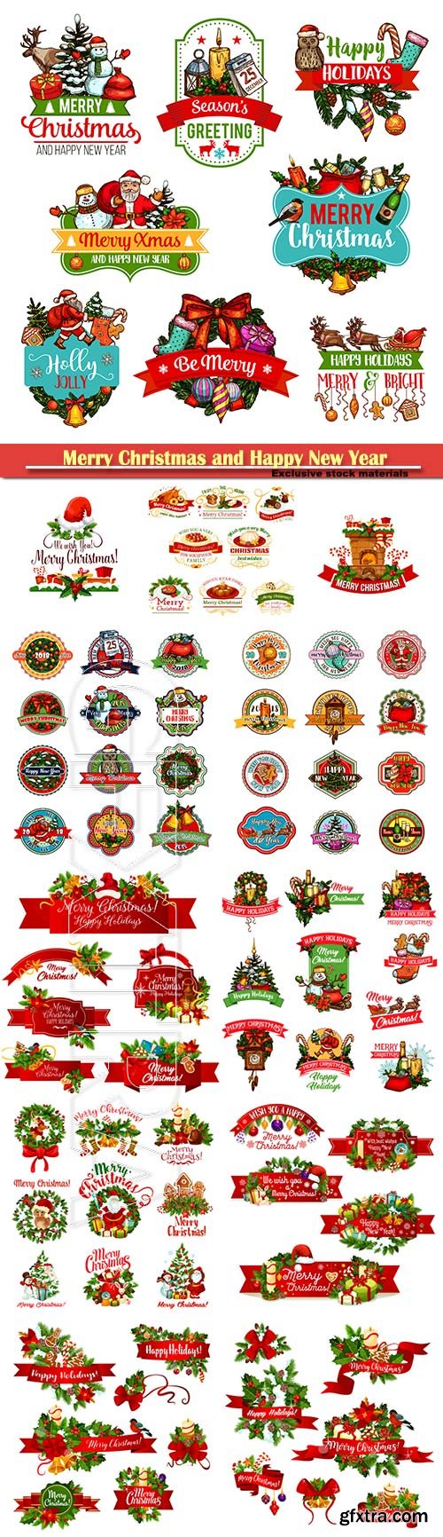 Merry Christmas and Happy New Year wish icons, Christmas tree garland decorations of holly wreath with red ribbon, golden bells and Santa gifts