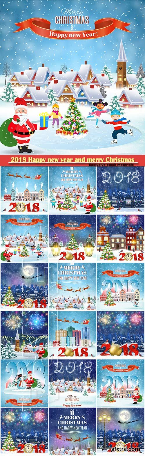 2018 Happy new year and merry Christmas vector,  winter old town street with christmas tree, fireworks in the sky