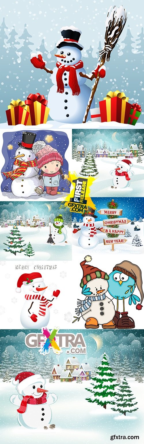 Happy snowman and Merry Christmas cartoon