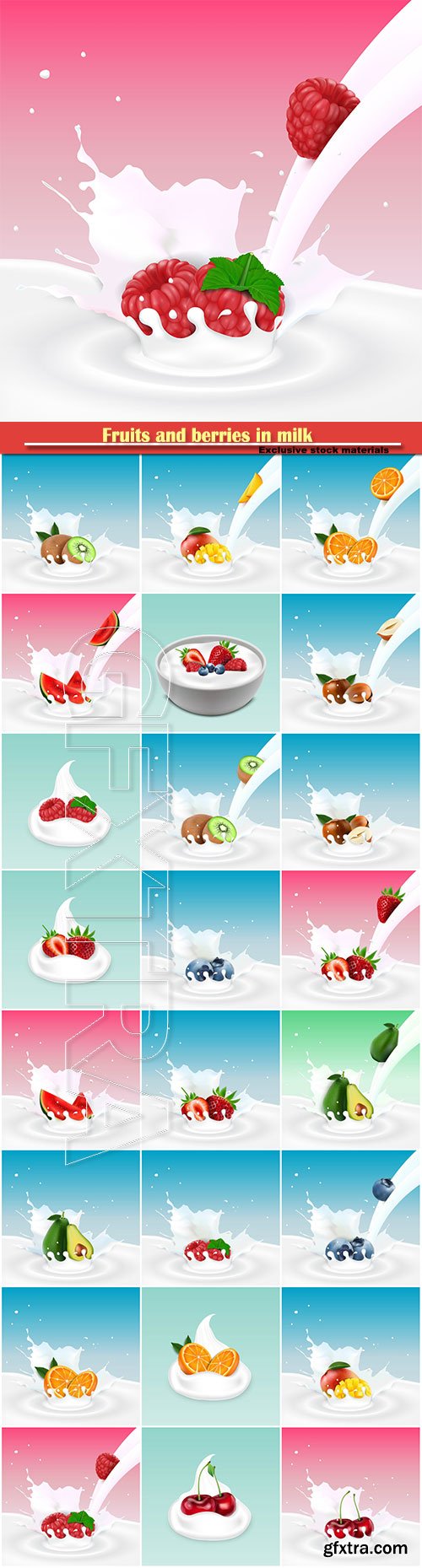 Fruits and berries in milk, vector illustration