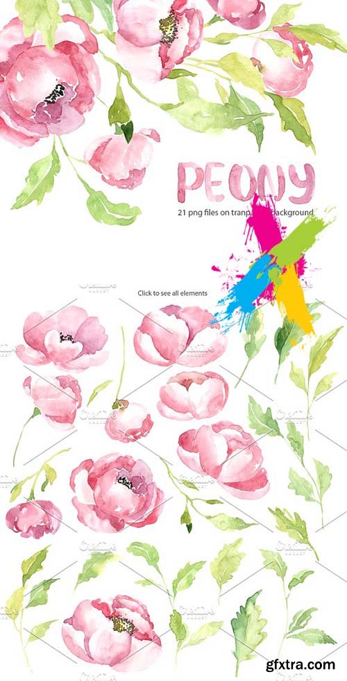 CreativeMarket - Pink watercolor peony PNG set 2097849