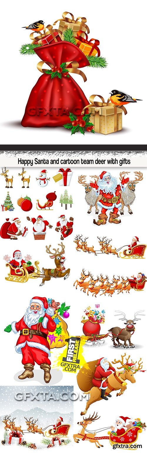 Happy Santa and cartoon team deer with gifts