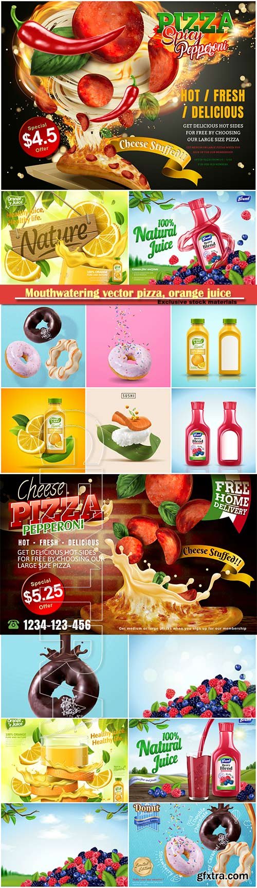 Mouthwatering vector pizza, orange juice, natural berry blend juice, tasty donut