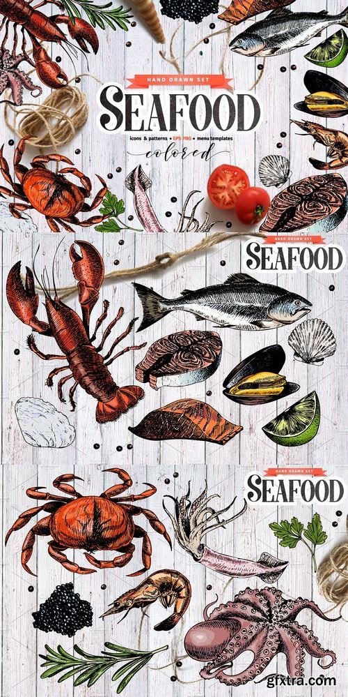 CM - Seafood hand drawn colored set 1466279