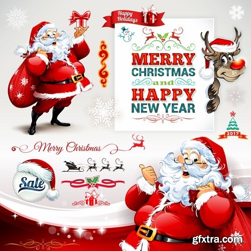 Santa claus reindeer sticker new year Christmas label 25 EPS