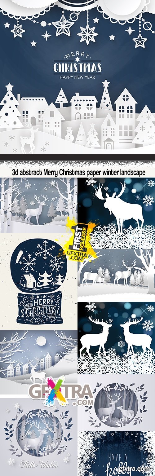 3d abstract Merry Christmas paper winter landscape