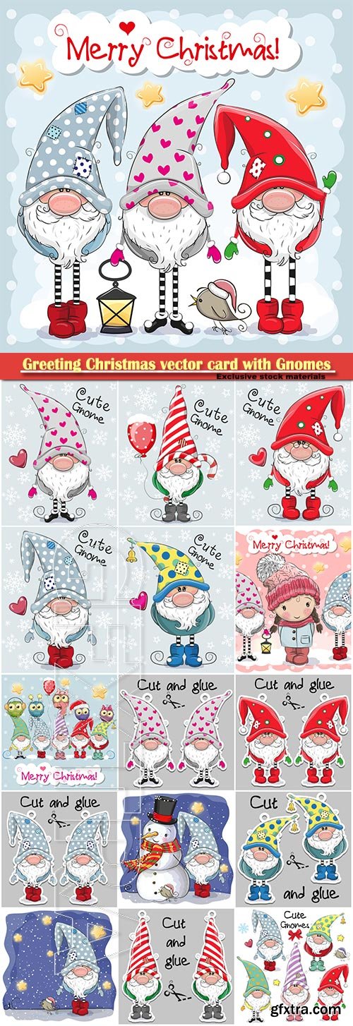 Greeting Christmas vector card with Gnomes and owls