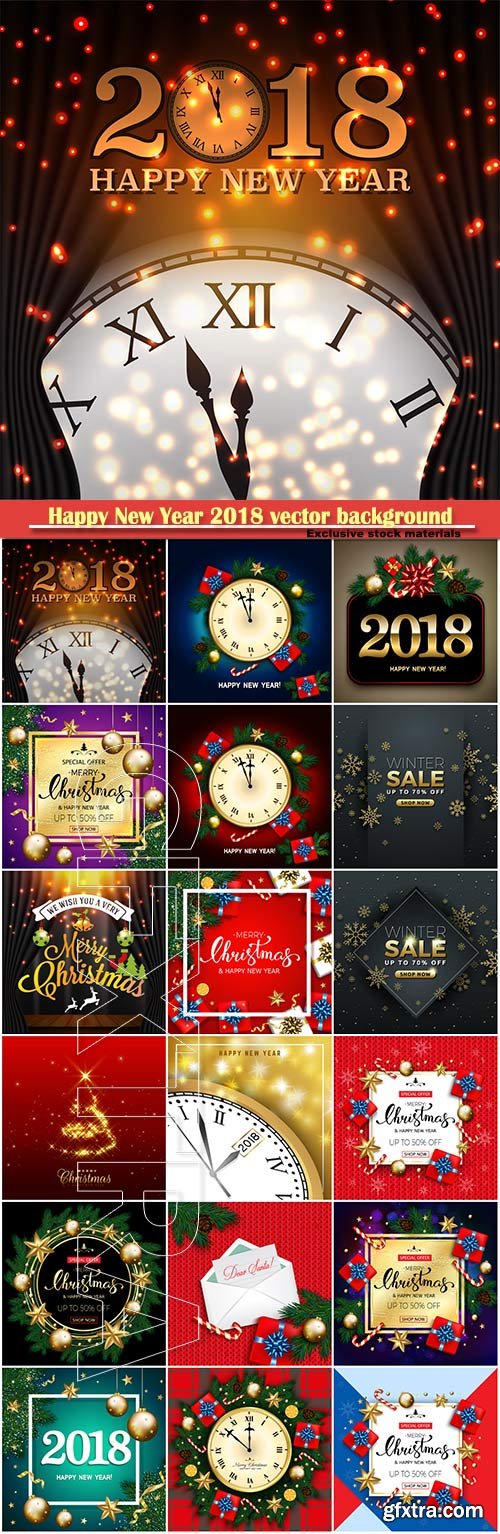 Happy New Year 2018 vector background with clock and snowflake