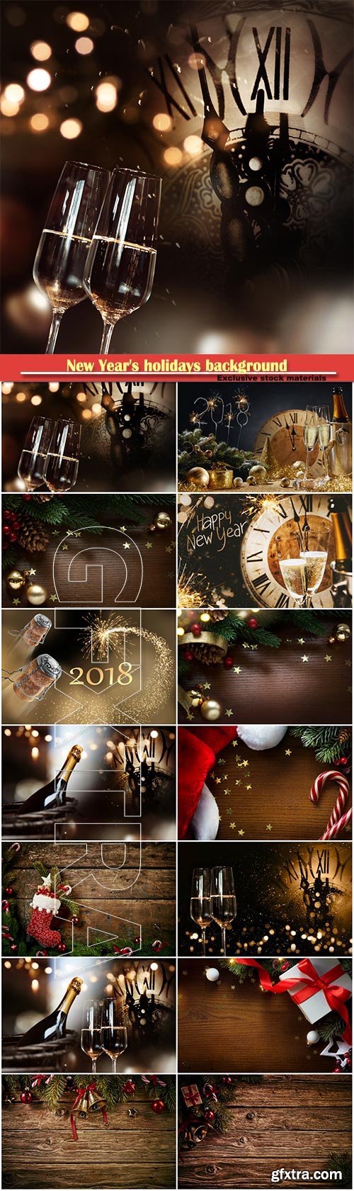 New Year\'s holidays background with champagne and clock for new year