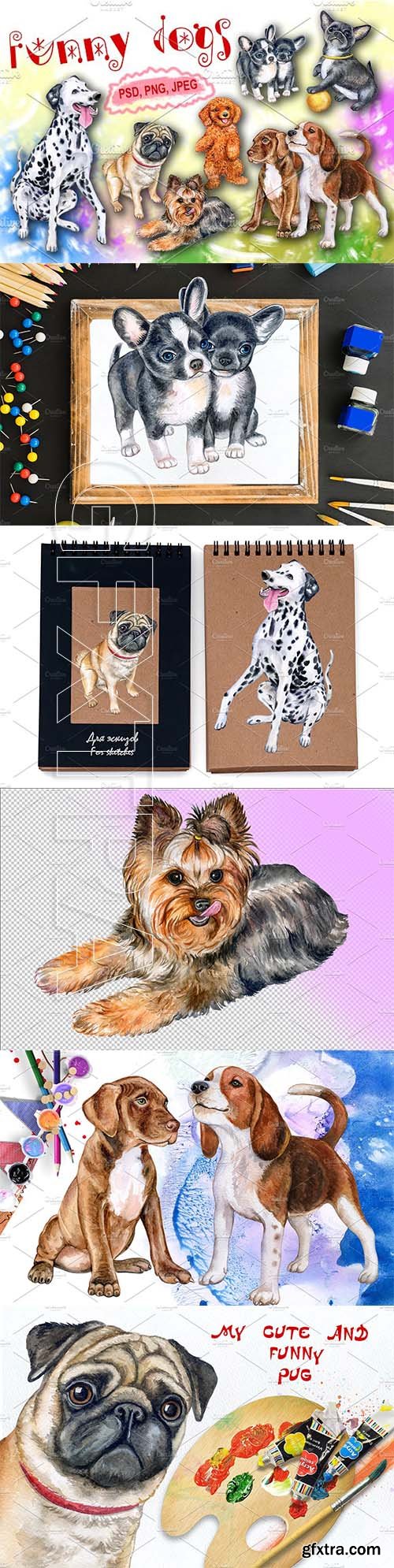 CreativeMarket - Funny dogs Watercolor 2162885