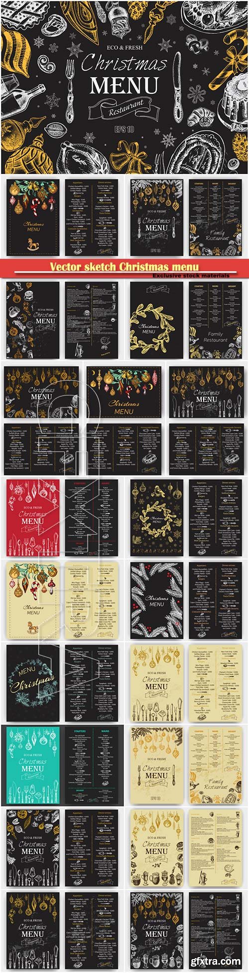 Vector sketch greeting vintage Christmas menu