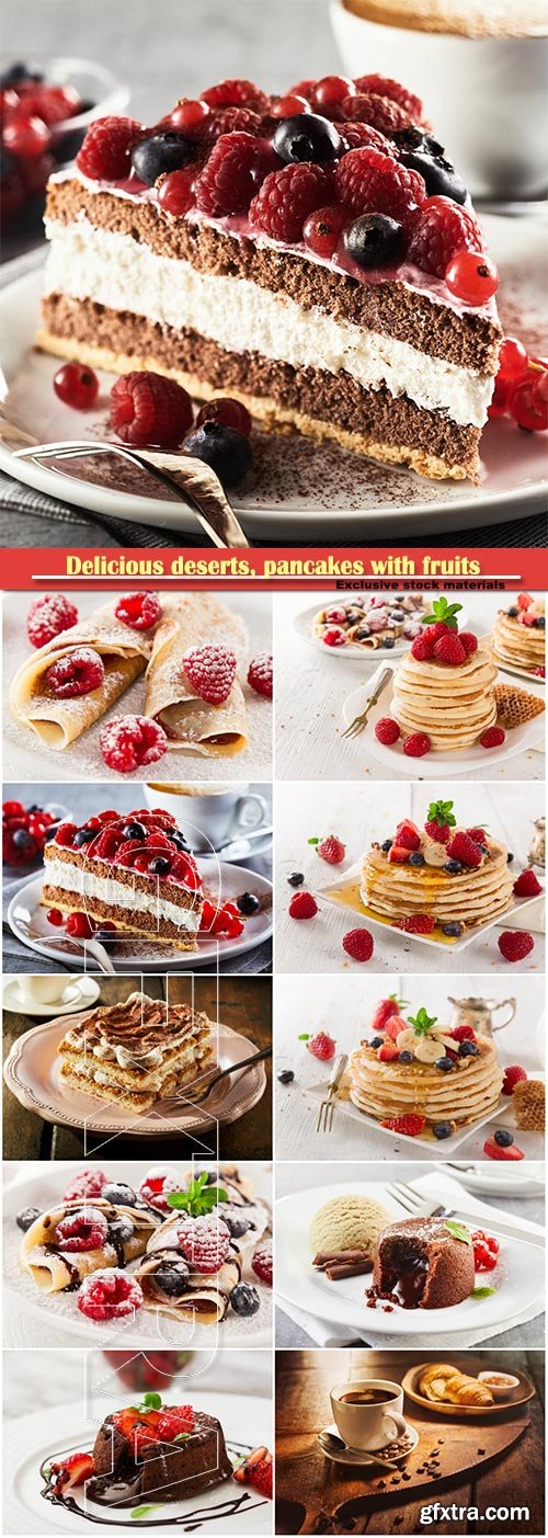 Delicious pancakes with fruits, piece of tiramisu cake