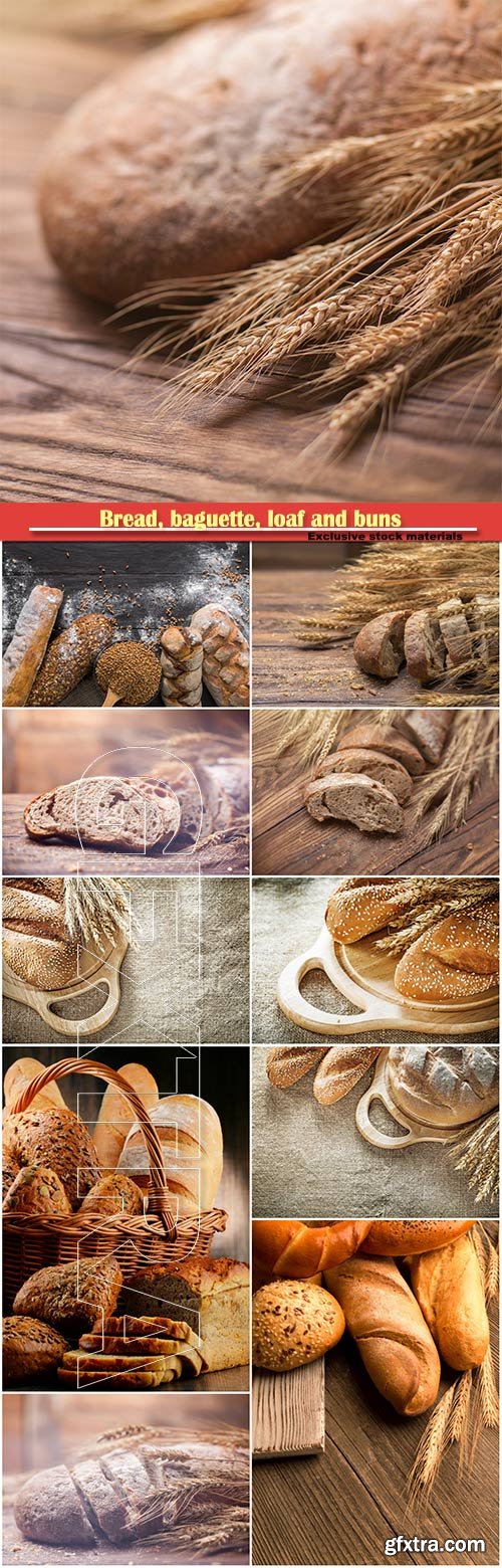 Bread, baguette, loaf and buns on the wooden desk