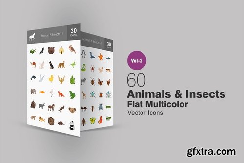 60 Animals & Insects Flat Multicolor Icons