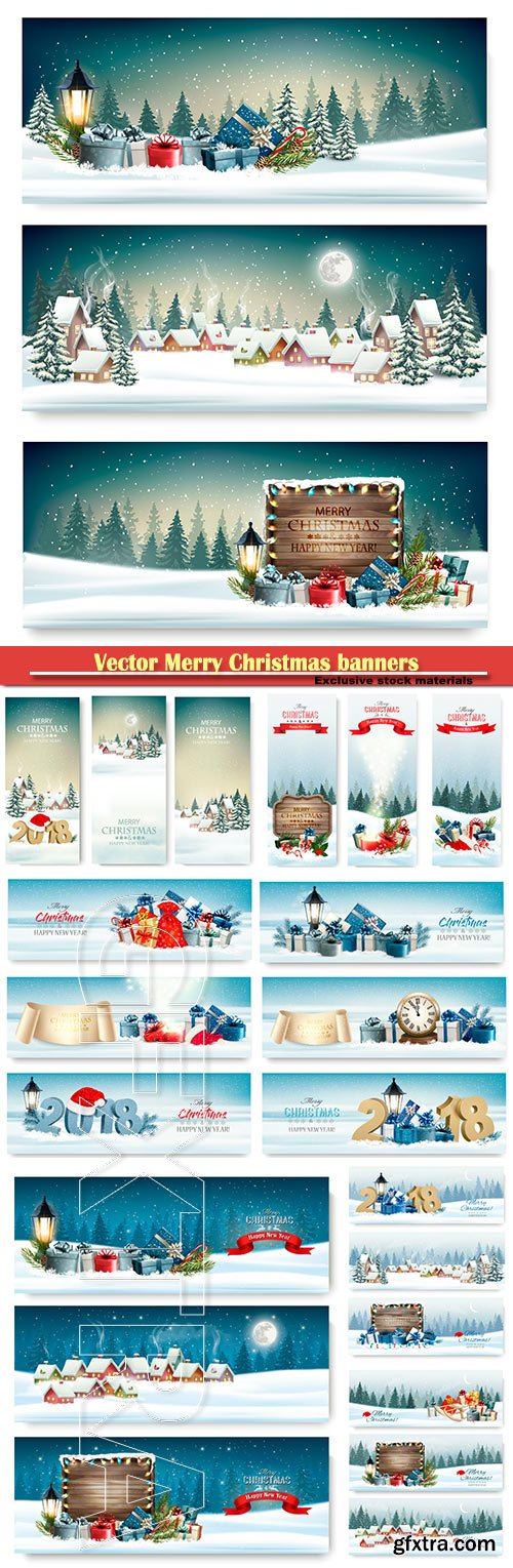 Vector Merry Christmas banners with branches of tree and presents