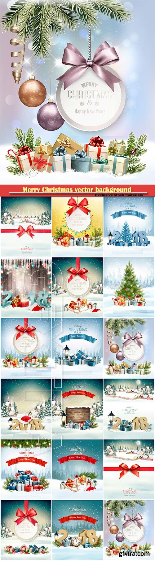 Merry Christmas vector background with branches of tree and colorful gift boxes