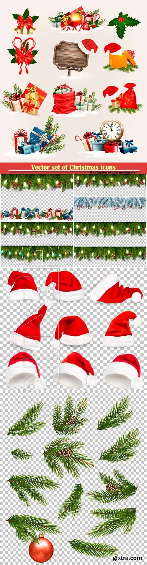 Vector set of Christmas icons and objects, boards with branches of tree