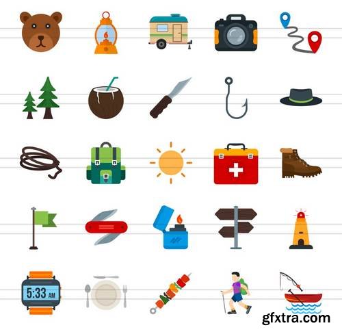 50 Camping Flat Multicolor Icons