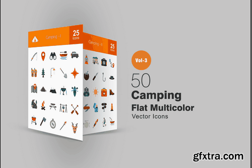 50 Camping Flat Multicolor Icons