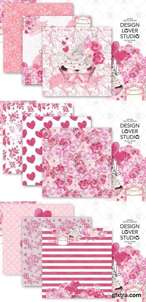 Roses Heart Valentine day digital paper pack