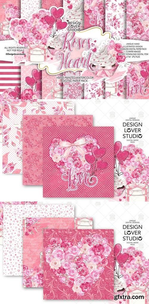 Roses Heart Valentine day digital paper pack