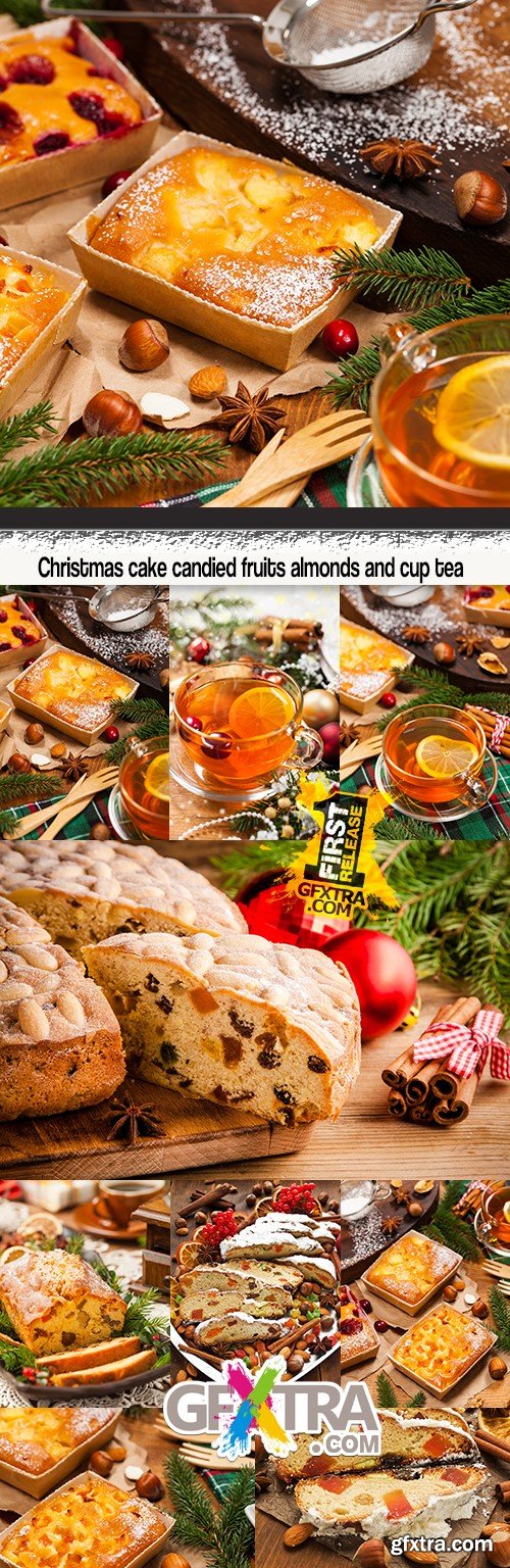 Christmas cake candied fruits almonds and cup tea